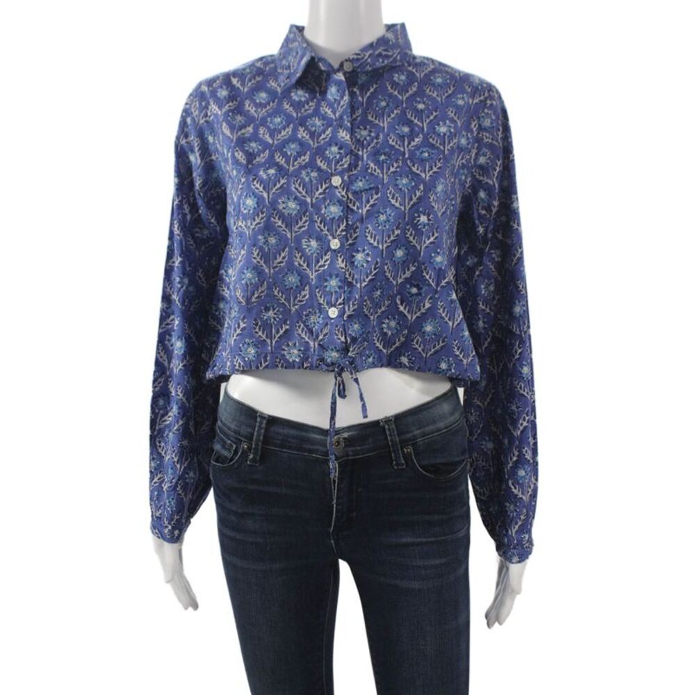 Chakeris Women Cropped Floral Collared Cotton Buttonup Longsleeve Blue Size S